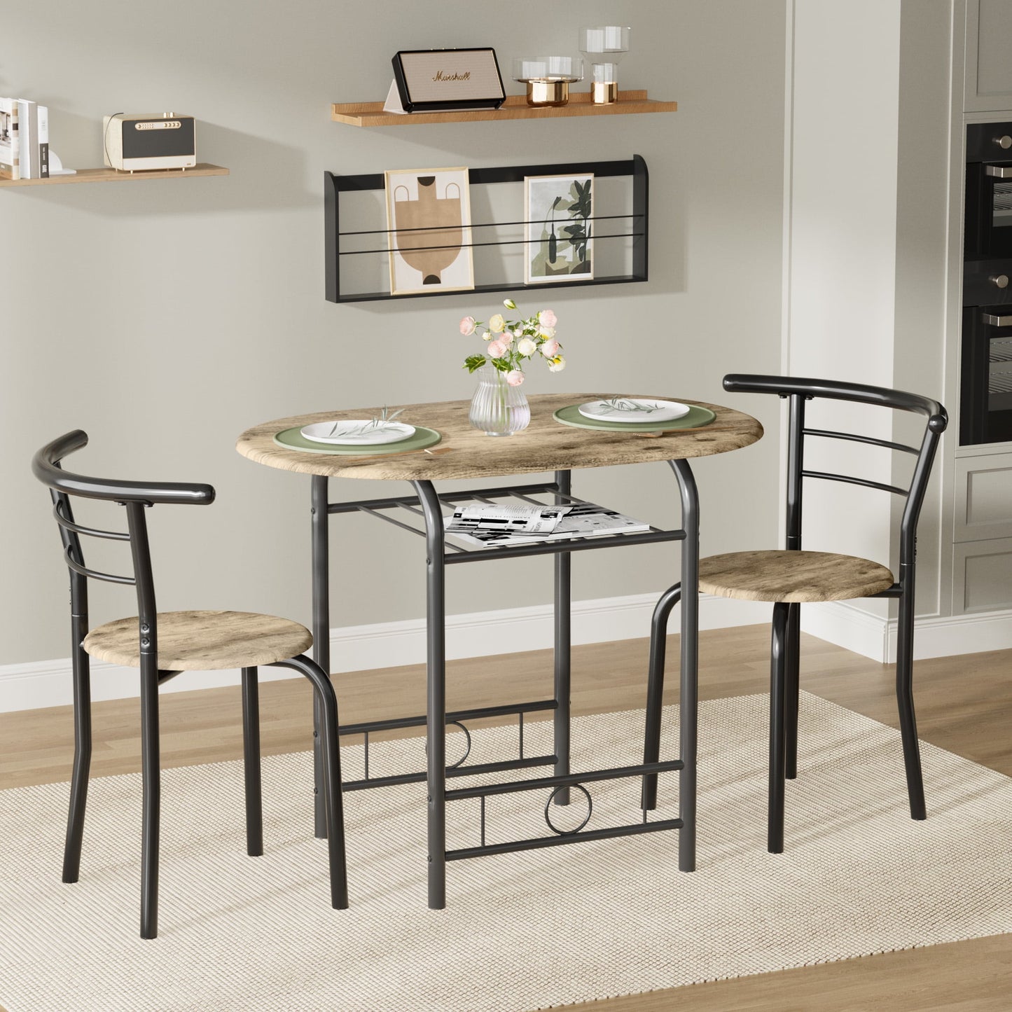 Vineego 3 Pieces Dining Set for 2 Small Kitchen Breakfast Table Set Space Saving Wooden Chairs and Table Set,Dark Brown