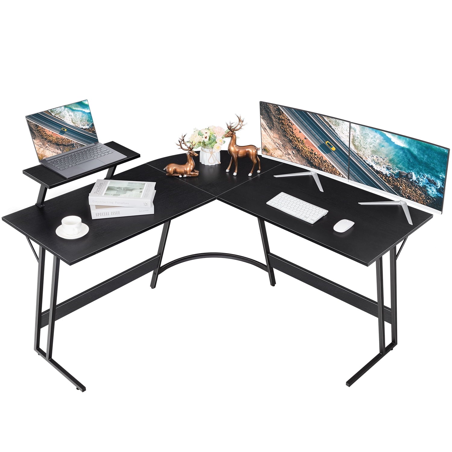 Vineego L-Shaped Computer Desk Modern Corner Desk Home Office Writing Sturdy Workstation with Movable Table, Black