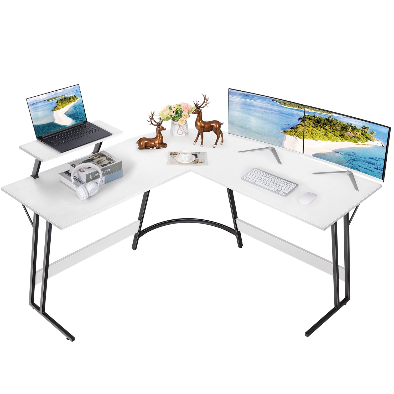 Vineego Modern L-Shaped Computer Desk with Monitor Stand, White