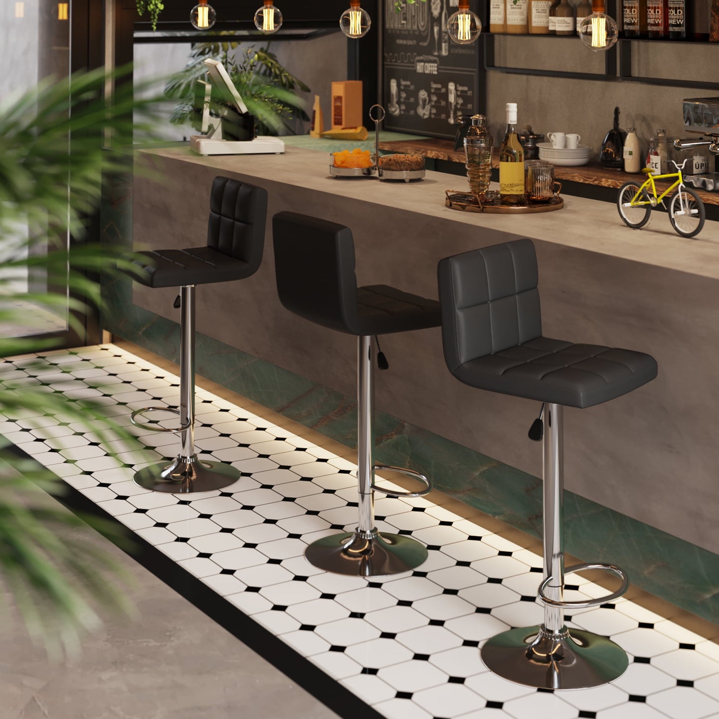 Vineego Modern Square PU Leather Swivel Adjustable Bar Stool, Set of 2, Bar Stool for Kitchen Counter,Black