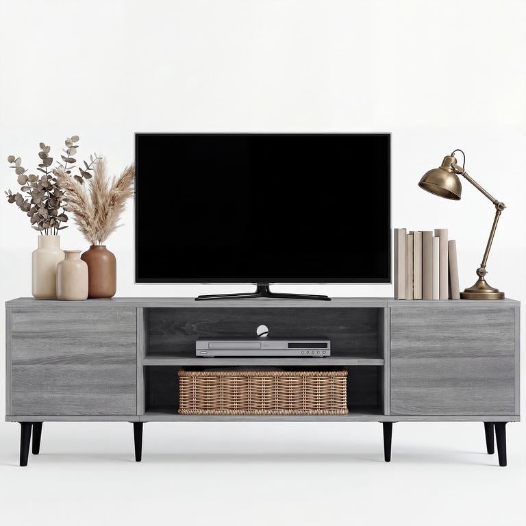 Vineego TV Stand for 65 Inch TV with 2 Push-to-Open Doors, Mid-Century Modern Media Console with Open Shelves, Entertainment Center for Living Room Bedroom, Gray