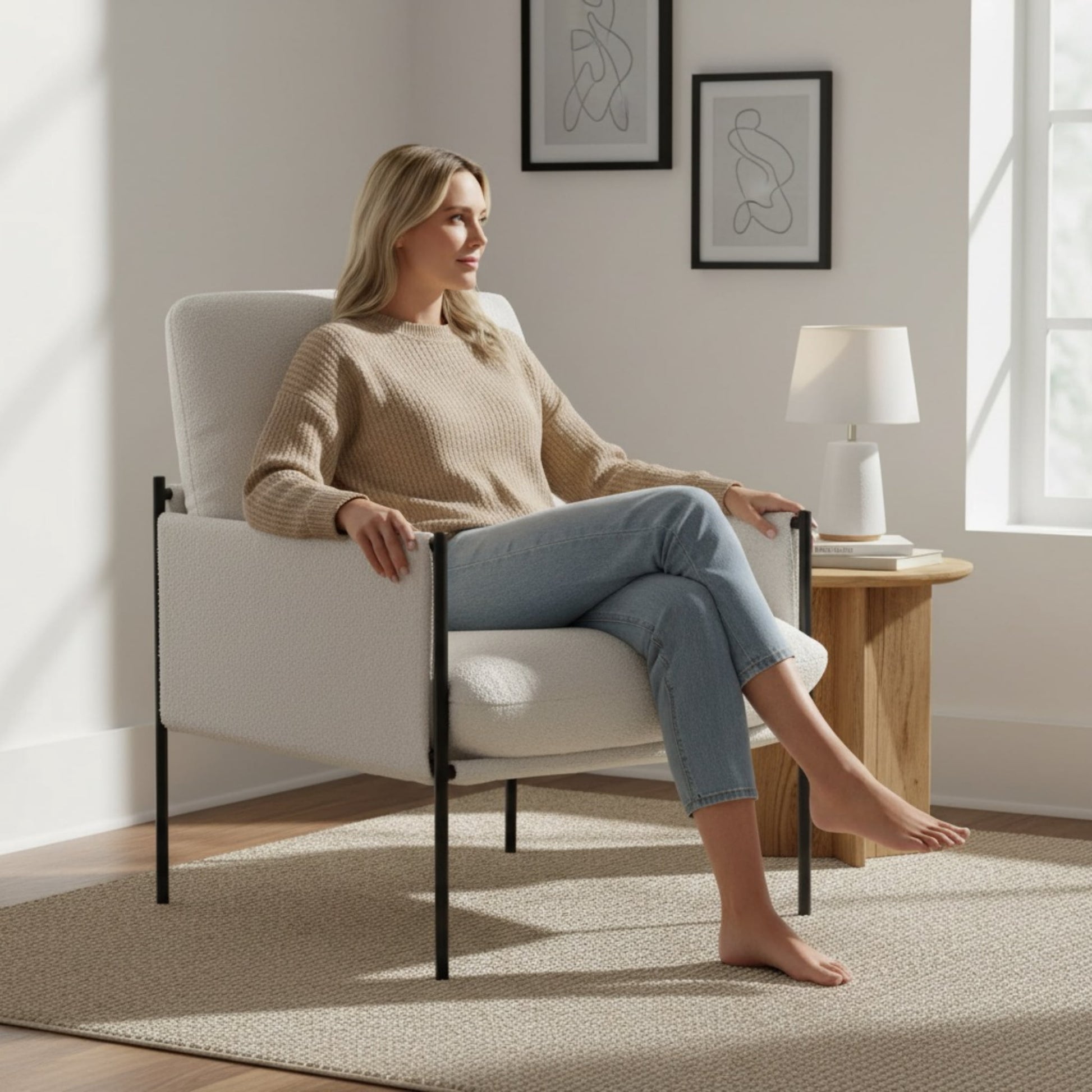 Vinform Silla Moderna Decorativa, SillÃ³n con CojÃ­n Removible, Estructura de Metal para Sala de Estar, Blanco