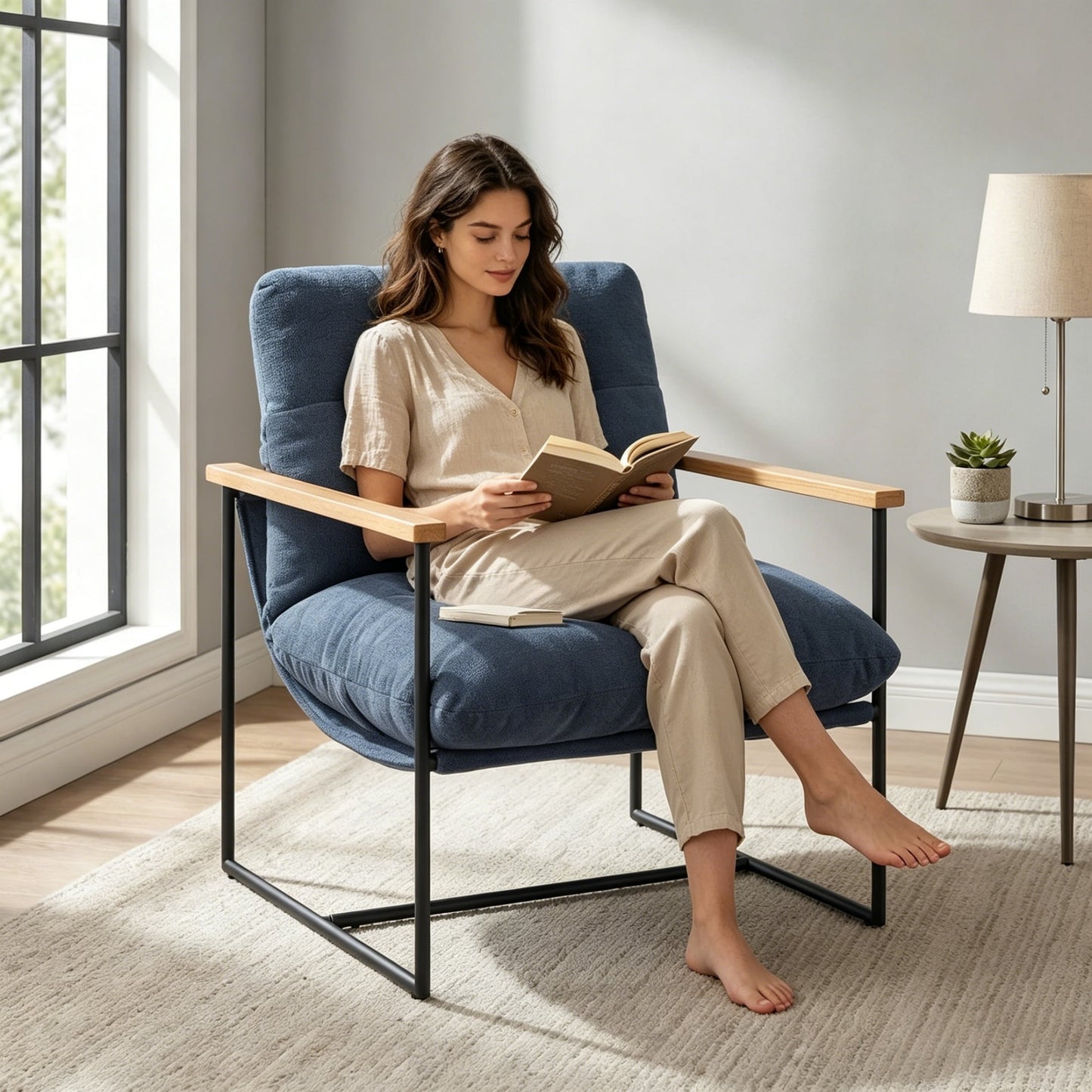 Vinform Sling Accent Chair, Modern Arm Chair with Removable Cushion, Metal Frame for Living Room, Blue