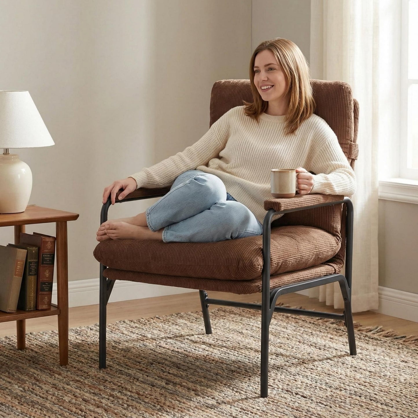 Vinform Modern Accent Chair, Arm Chair with Adjustable Backrest, Metal Frame for Living Room, Corduroy, Brown