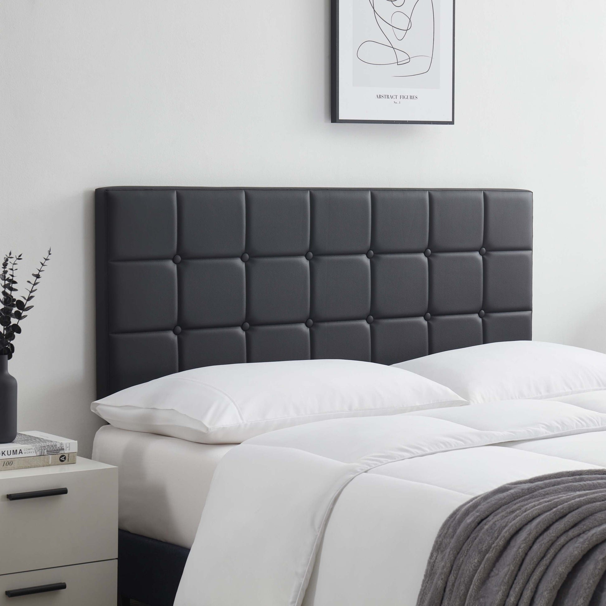 LammaLoe Faux Leather Button Square Tufted Full Headboard with Adjustable Height, Black, Full