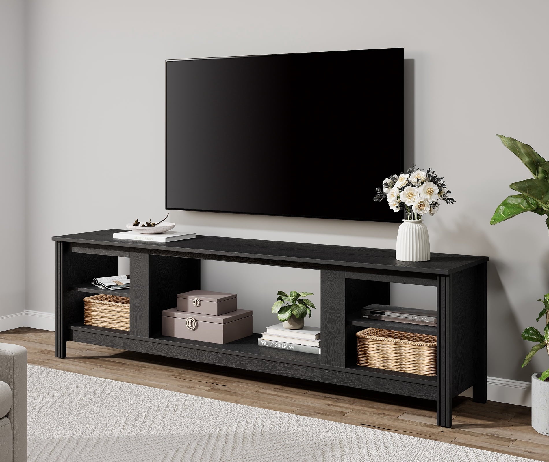 WAMPAT 70 Inch Black TV Stand for 75 Inch TV, Farmhouse Entertainment Center with 6 Open Shelves