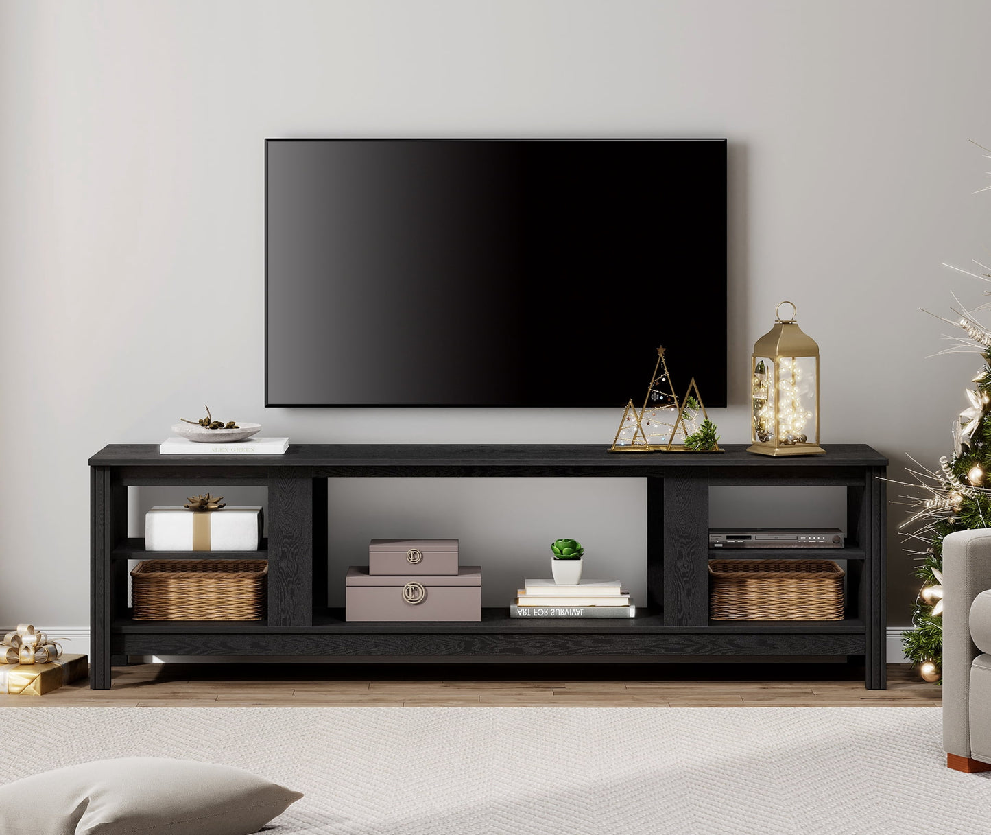 WAMPAT Black Farmhouse TV Console Table for Up to 75 Inch TV, 70â€ Media Stand with Large Storage