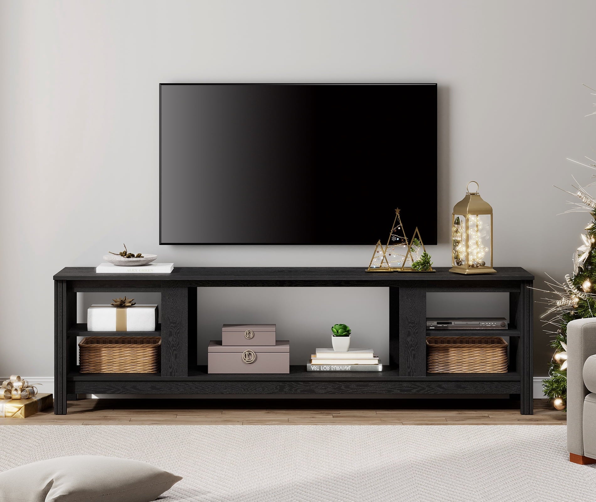 WAMPAT Black Farmhouse TV Console Table for Up to 75 Inch TV, 70â€ Media Stand with Large Storage