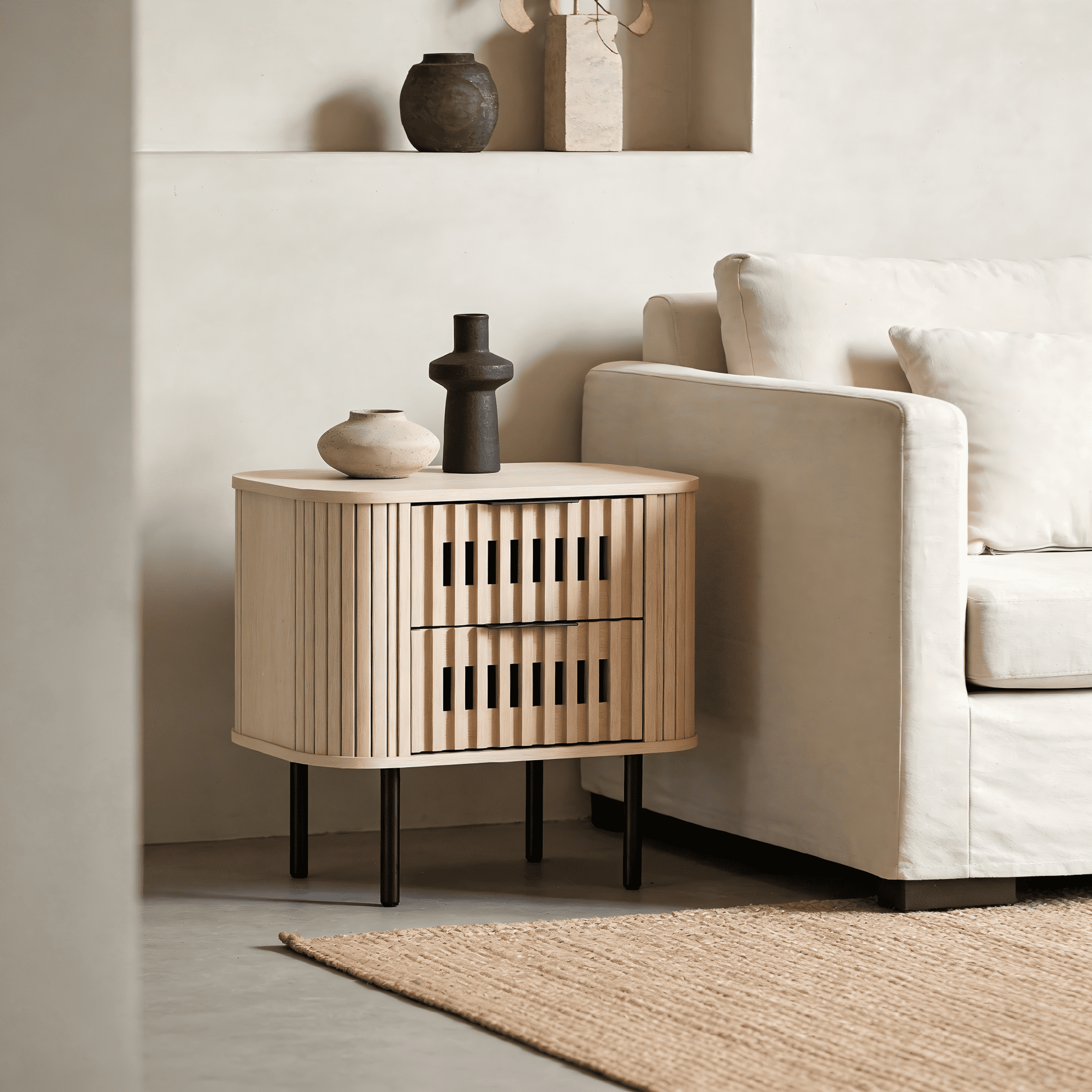 WAMPAT Fluted End Table with 2 Drawers, Modern Storage Nightstand for Living Room & Bedroom, Wooden Side Table, Natural