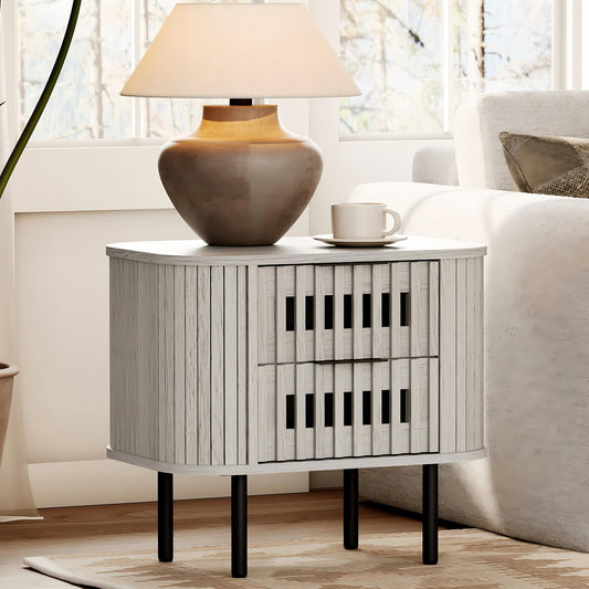 WAMPAT Fluted End Table with 2 Drawers, Modern Storage Nightstand for Living Room & Bedroom, Wooden Side Table, White Washed