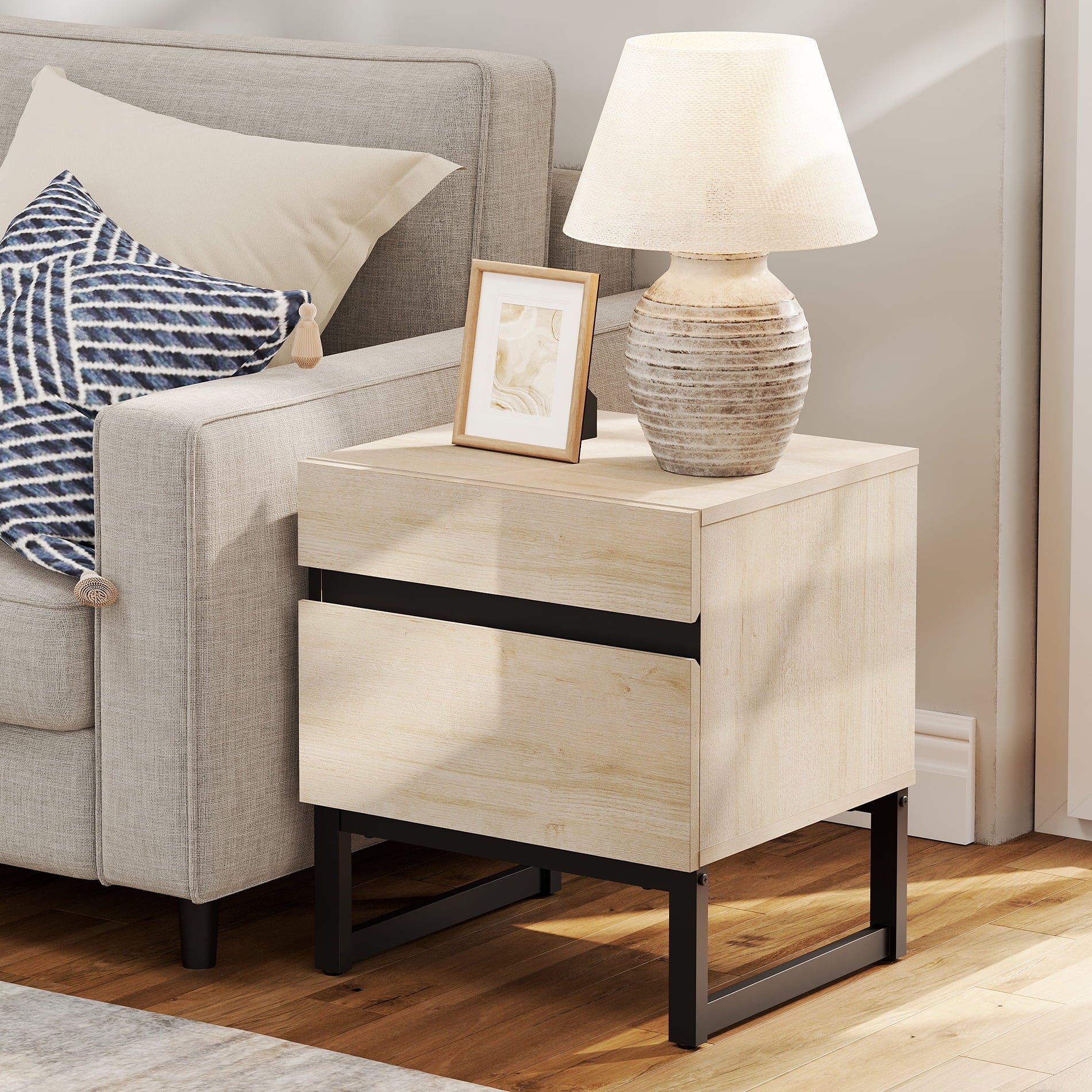 WAMPAT Modern End Table With 2 Drawers - Compact Sofa Side Table & Nightstand For Living Room & Bedroom