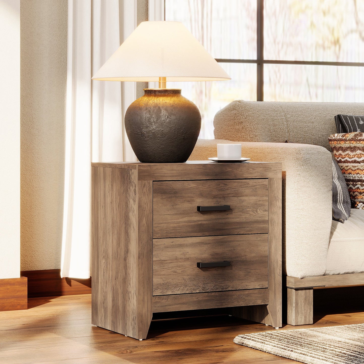 WAMPAT Modern Side Table with 2 Drawers Storage Cabinet for Bedroom, Living Room, Rustic Brown
