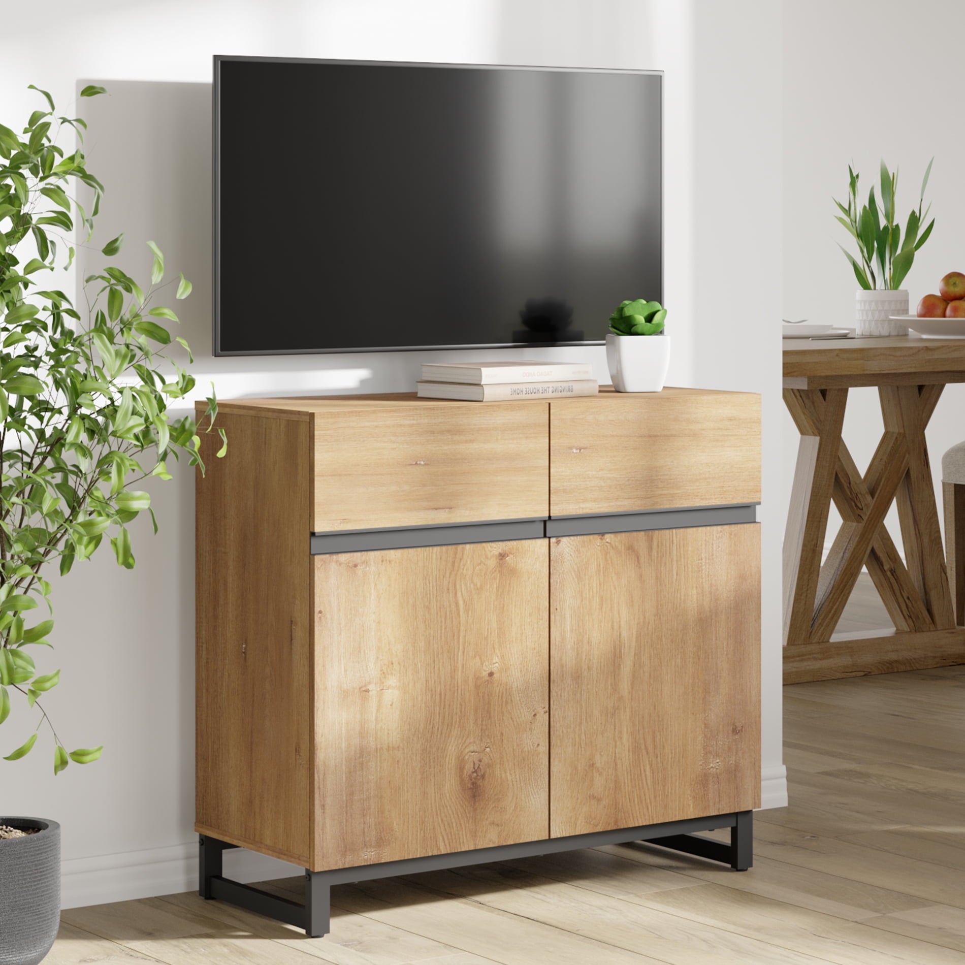 WAMPAT Soporte de TV Moderno para TVs de hasta 40 Pulgadas, Centro de Entretenimiento Consola de TV con Estante Ajustable y Base de Metal para Sala de Estar, Dormitorio, Roble