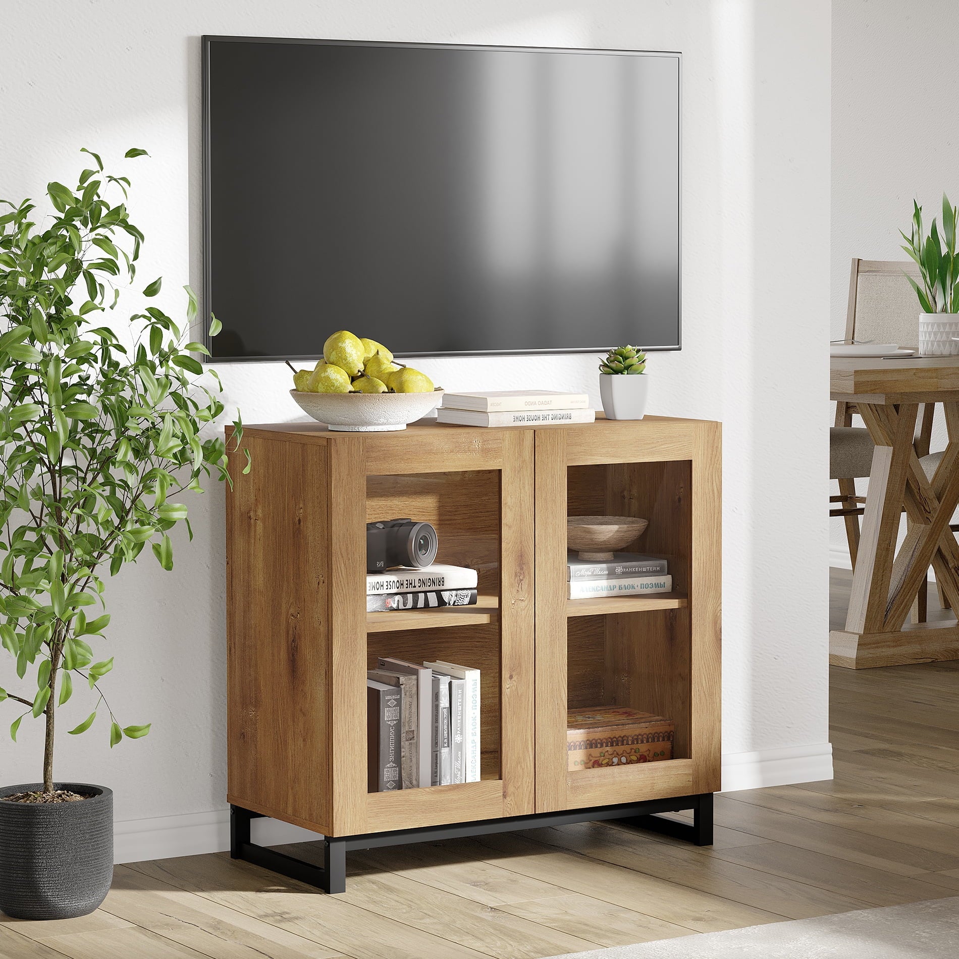WAMPAT Soporte de TV Moderno con Puertas de Vidrio para TVs de 32-40 Pulgadas, Centro de Entretenimiento Consola de TV con Estantes Ajustables para Sala de Estar, Dormitorio, Roble