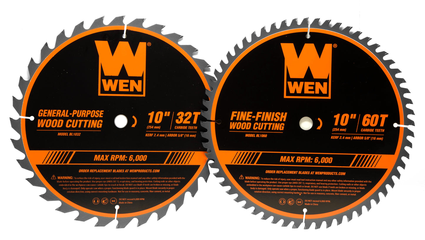 WEN 10-Inch 32-Tooth and 60-Tooth Carbide-Tipped Professional Woodworking Saw Blade Set, Two Pack, BL1032-2