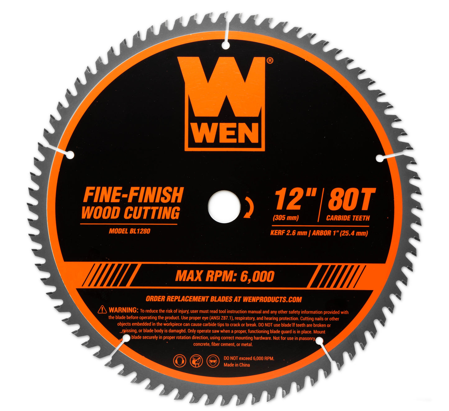 WEN 12-Inch 80-Tooth Fine-Finish Professional Woodworking Saw Blade for Miter Saws and Table Saws, BL1280