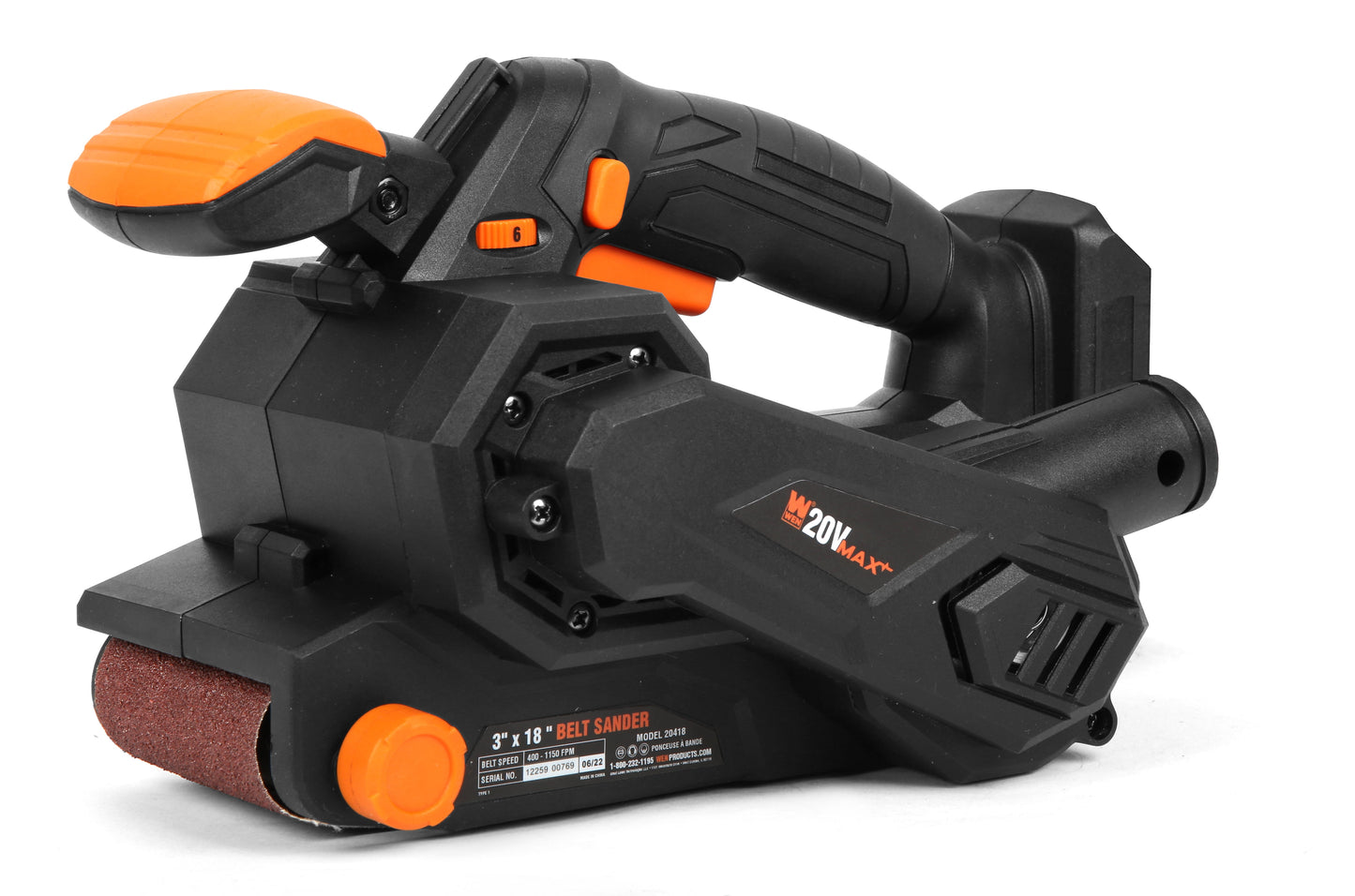 WEN 20V Max Cordless Belt Sander, Variable Speed, Handheld and Portable (Tool Only - Battery Not Included)