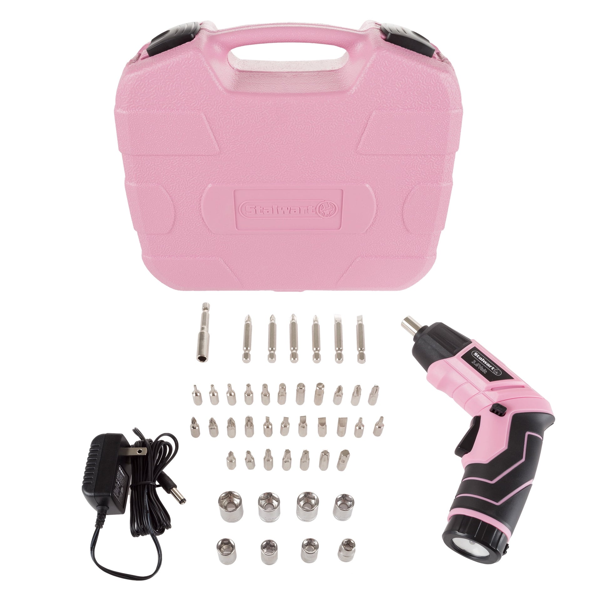 Pivoting Screwdriver 45 Pc. Set-Pivoting Cordless Power Tool with Rechargeable 3.6V Lithium Battery LED Lights Bits Sockets and Case by Stalwart
