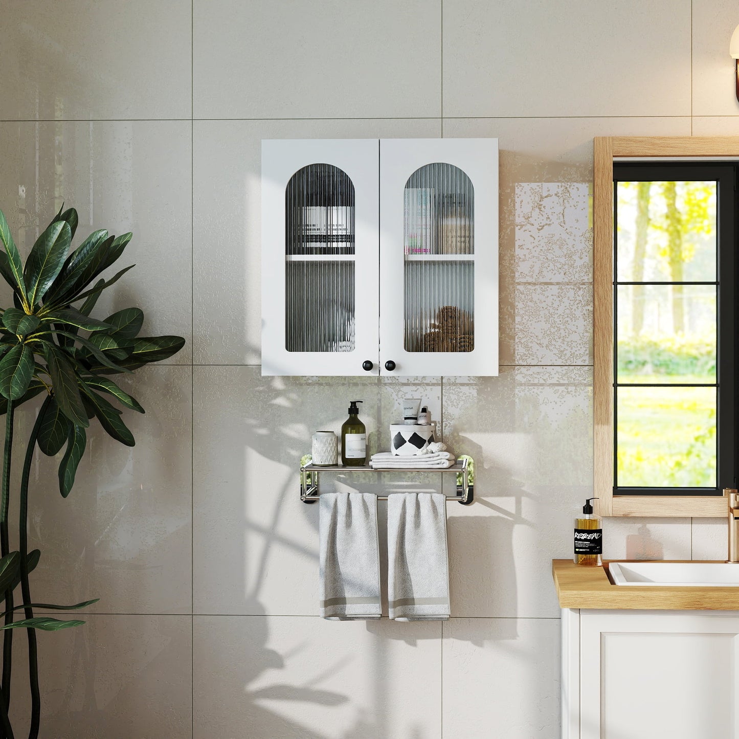 Wall Mounted Cabinet Arched Glass Door Floating Storage Cabinet for Kitchen Bathroom, White