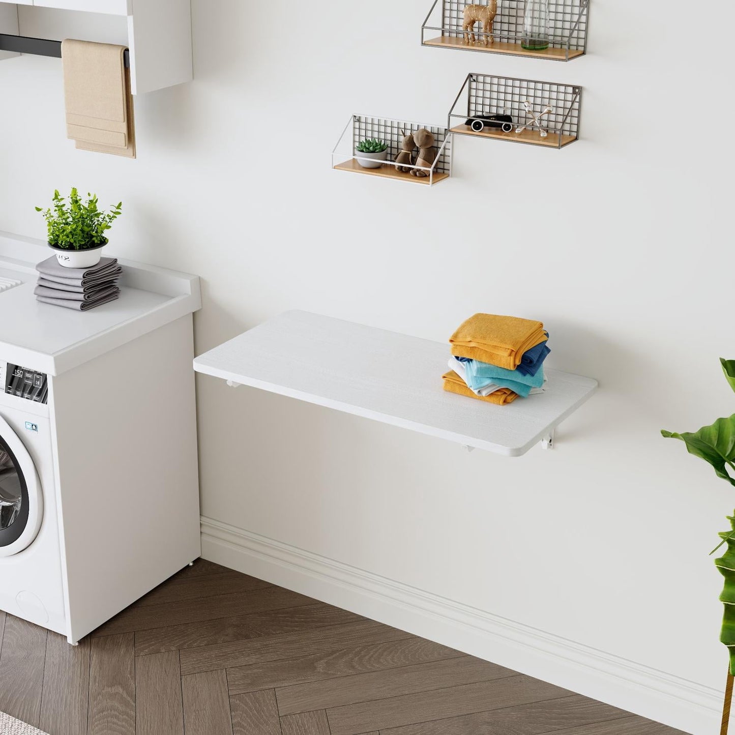 Wall Mounted Folding Table, Floating Desk for Laundry Room, Fold Down Table with Full-Folding Hinge for Small Space Kitchen Bathroom Easy Install, White
