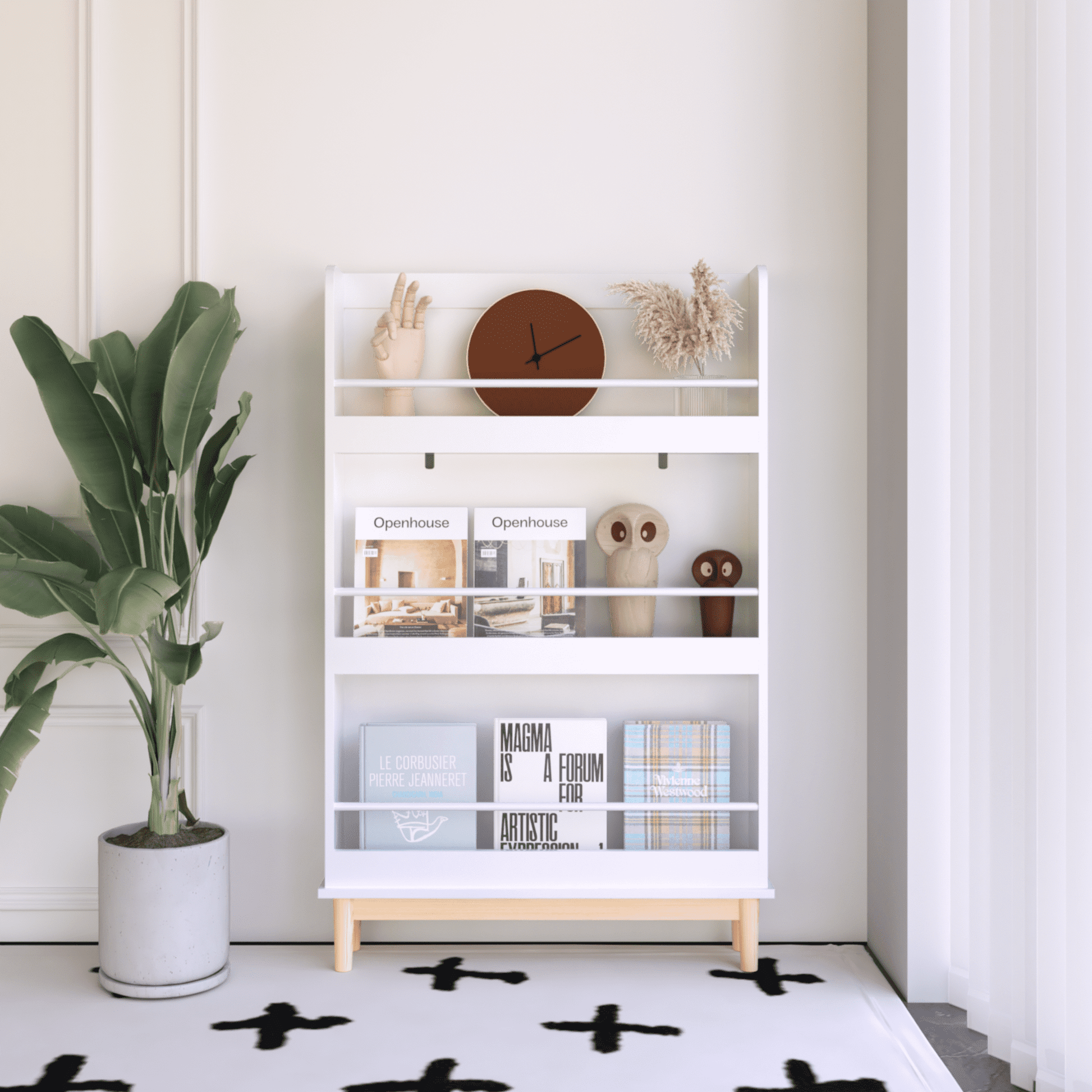 Wall-Mounted Kids Bookshelf, 3 Tier Front-Facing Display Book Rack, Modern White Storage Shelf with Natural Wood Base, Anti-Tip Design for Toddler Bedroom Nursery Playroom