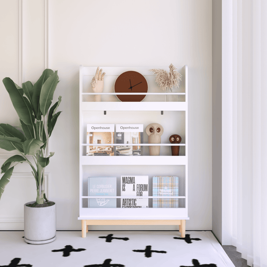 Wall-Mounted Kids Bookshelf, 3 Tier Front-Facing Display Book Rack, Modern White Storage Shelf with Natural Wood Base, Anti-Tip Design for Toddler Bedroom Nursery Playroom