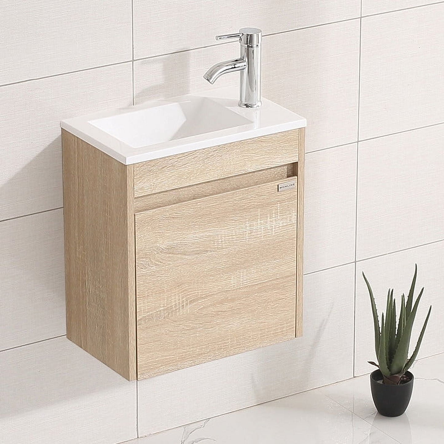 Walsport 16" Gabinete de Tocador de BaÃ±o Montado en la Pared con Lavabo,Cuenca,Grifo,Conjunto de Gabinete Montado en la Pared DiseÃ±o de Tocador de BaÃ±o para Espacio PequeÃ±o,Beige