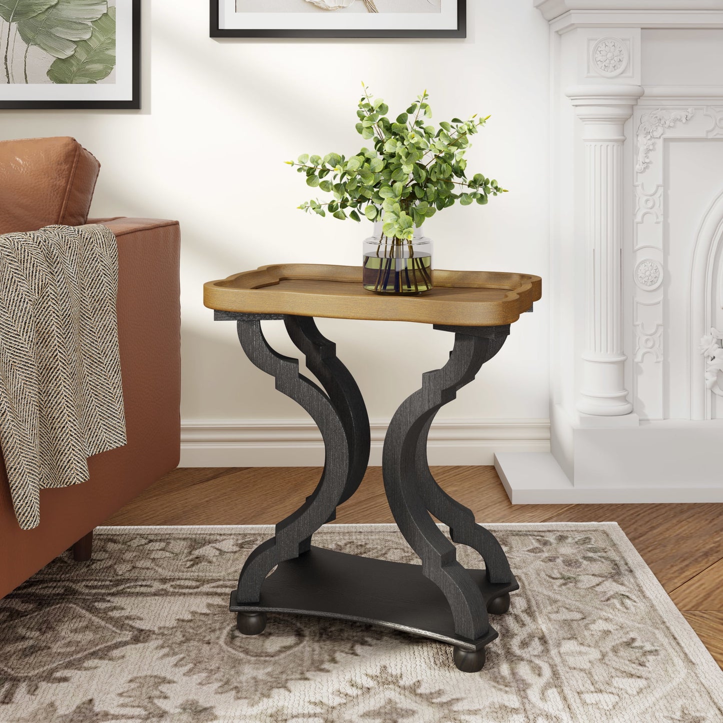 Walter French Country Rectangle Accent Table, End Table with Solid Wood Hourglass Base, and Lipped Rectangular Top, Distressed Finish