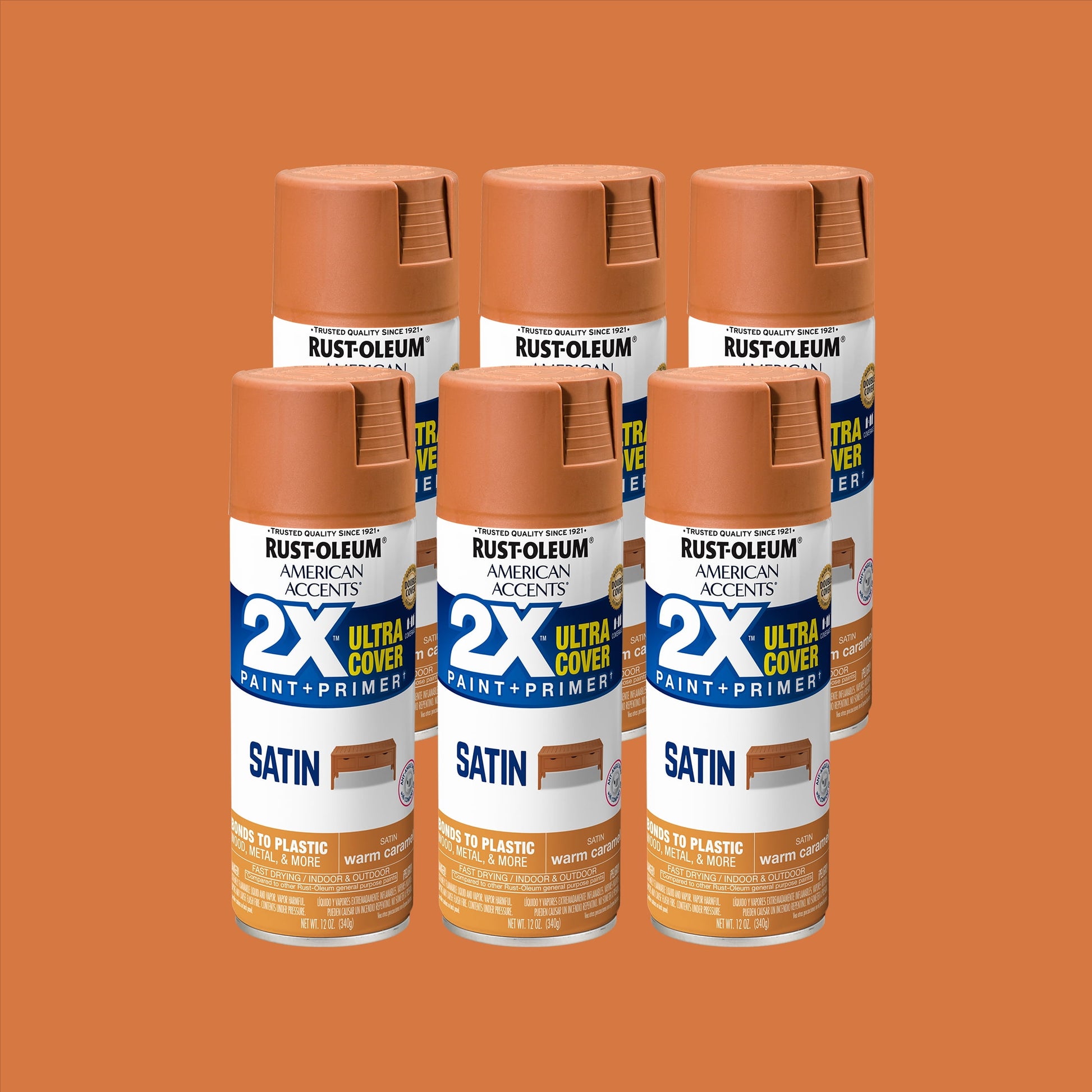 6 Pack, Warm Caramel Rust-Oleum American Accents 2X Ultra Cover Satin Spray Paint-327924, 12 oz