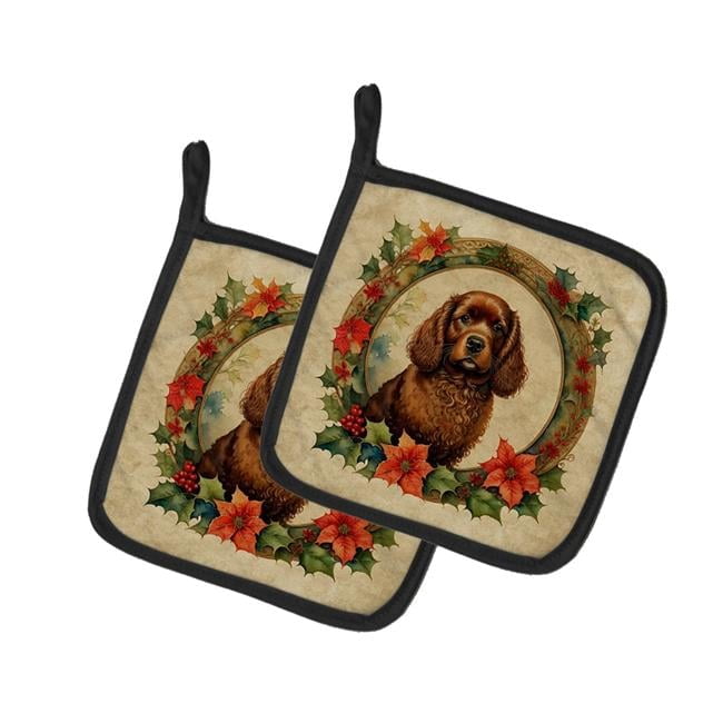 Water Spaniel Christmas Flowers Pair of Pot Holders 7.5 in x 7.5 in