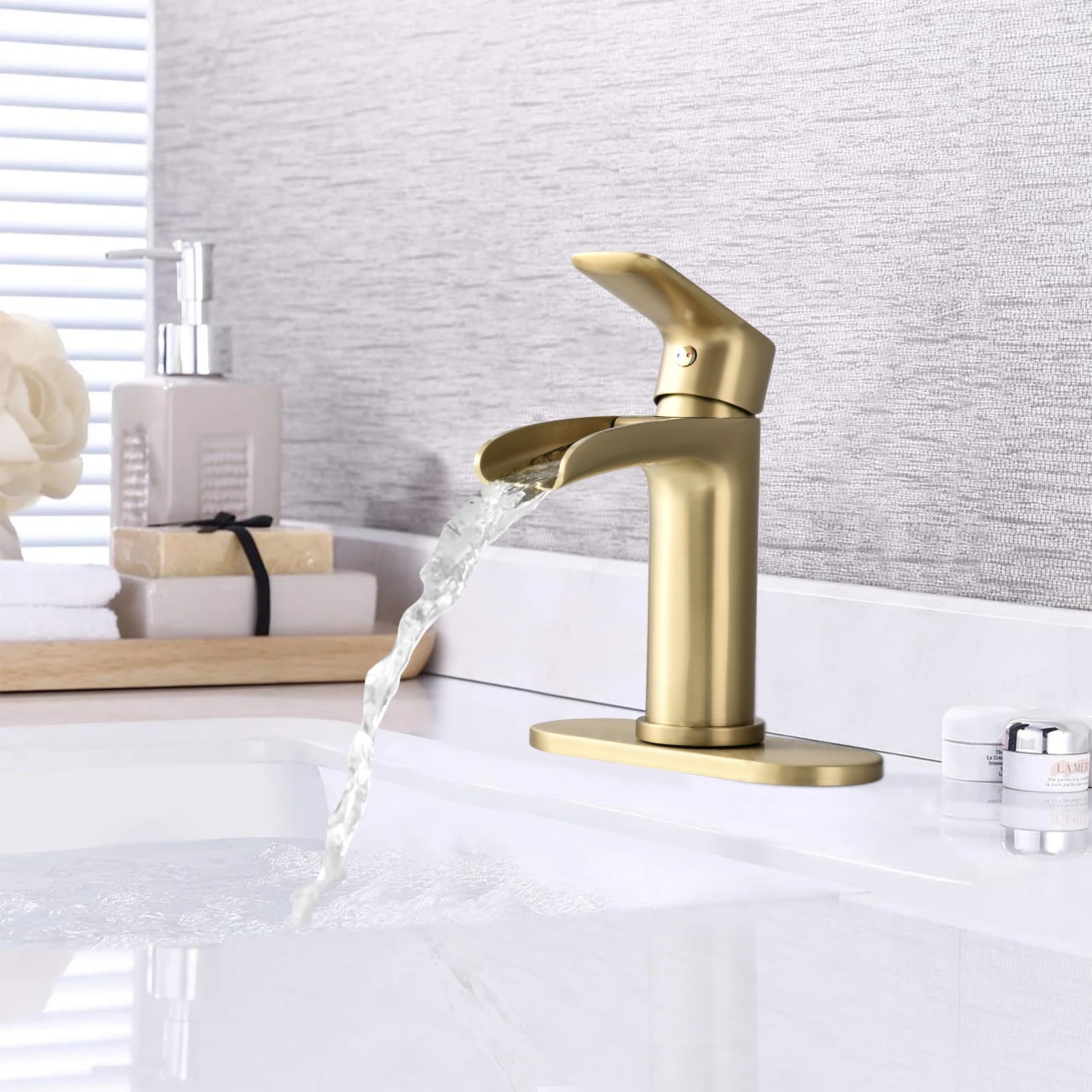 Waterfall Bathroom Faucet Single Handle Bathroom Sink Faucets 1 or 3 Hole Solid Vanity Faucet with Deck Plate & Overflow Pop Up Drain Brushed Gold
