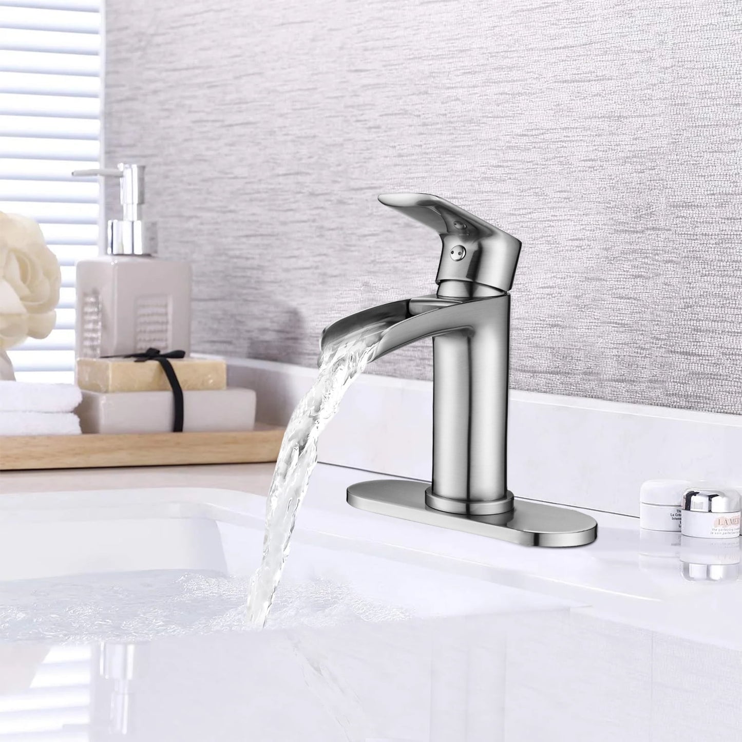 Waterfall Bathroom Faucet Single Handle Bathroom Sink Faucets 1 or 3 Hole Solid Vanity Faucet with Deck Plate & Overflow Pop Up Drain Brushed Nickel