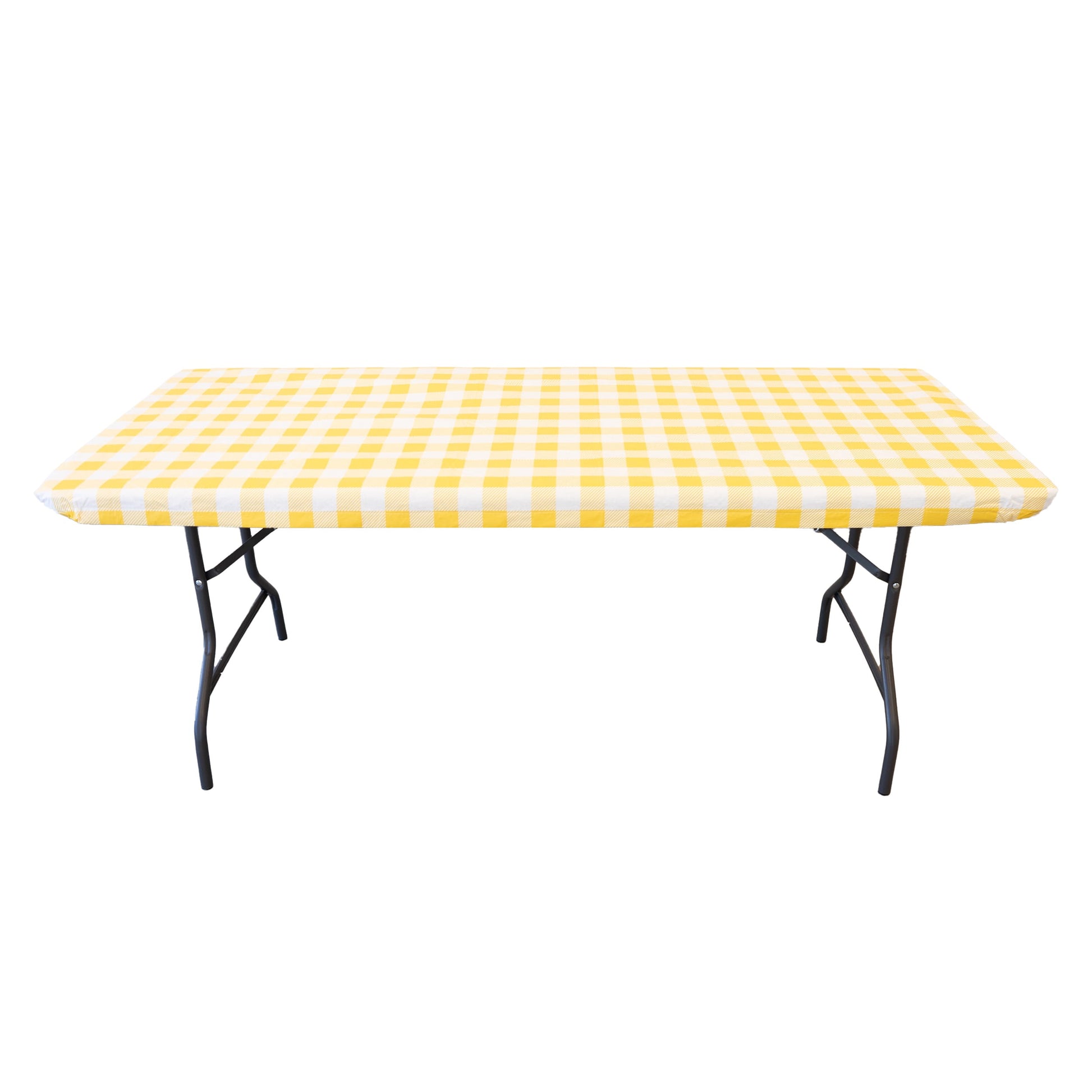 Waverly Inspirations Rectangular Elastic Fitted Table Cover Waterproof Vinyl Tablecloth With Flannel Backing, 6Ft Table, 72" x 30", Gingham Yellow, 8 PK