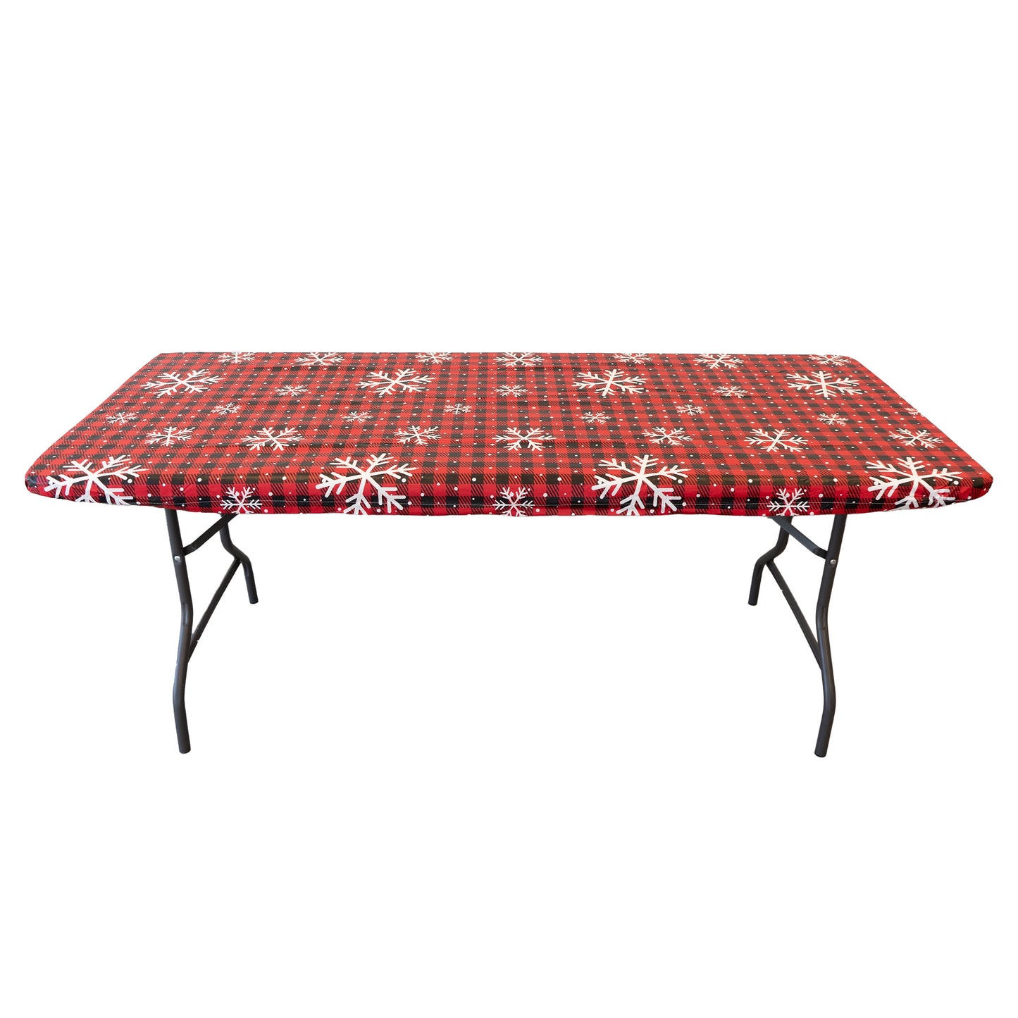 Waverly Inspirations Rectangular Elastic Fitted Table Cover Waterproof Vinyl Tablecloth With Flannel Backing, 6Ft Table, 72" x 30", Snowflake Red, 4 PK