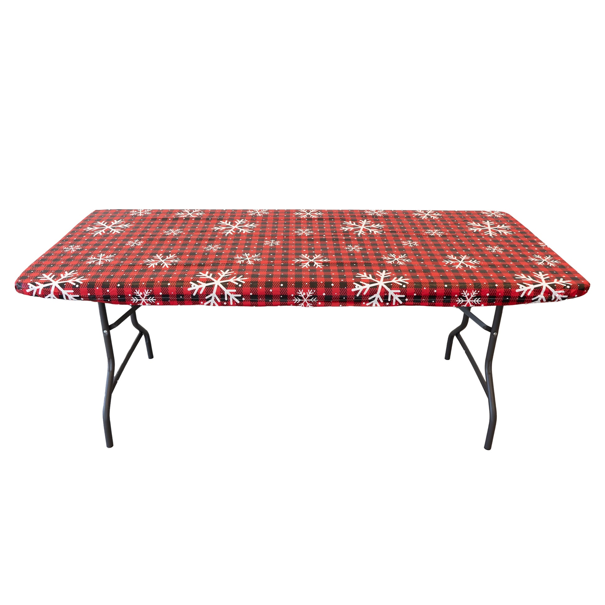 Waverly Inspirations Rectangular Elastic Fitted Table Cover Waterproof Vinyl Tablecloth With Flannel Backing, 6Ft Table, 72" x 30", Snowflake Red, 4 PK