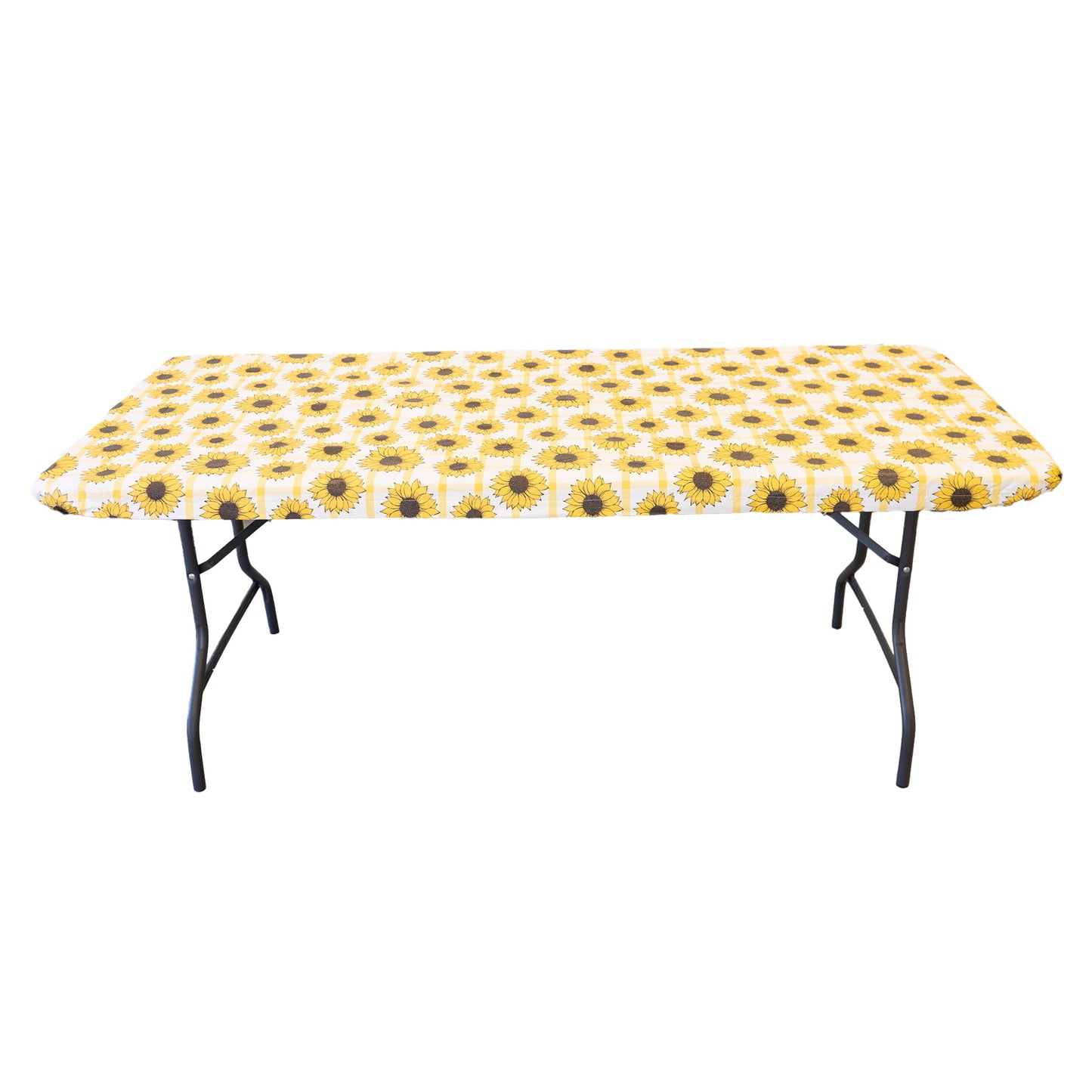 Waverly Inspirations Rectangular Elastic Fitted Table Cover Waterproof Vinyl Tablecloth With Flannel Backing, 6Ft Table, 72" x 30", Sunflower Check, 4 PK