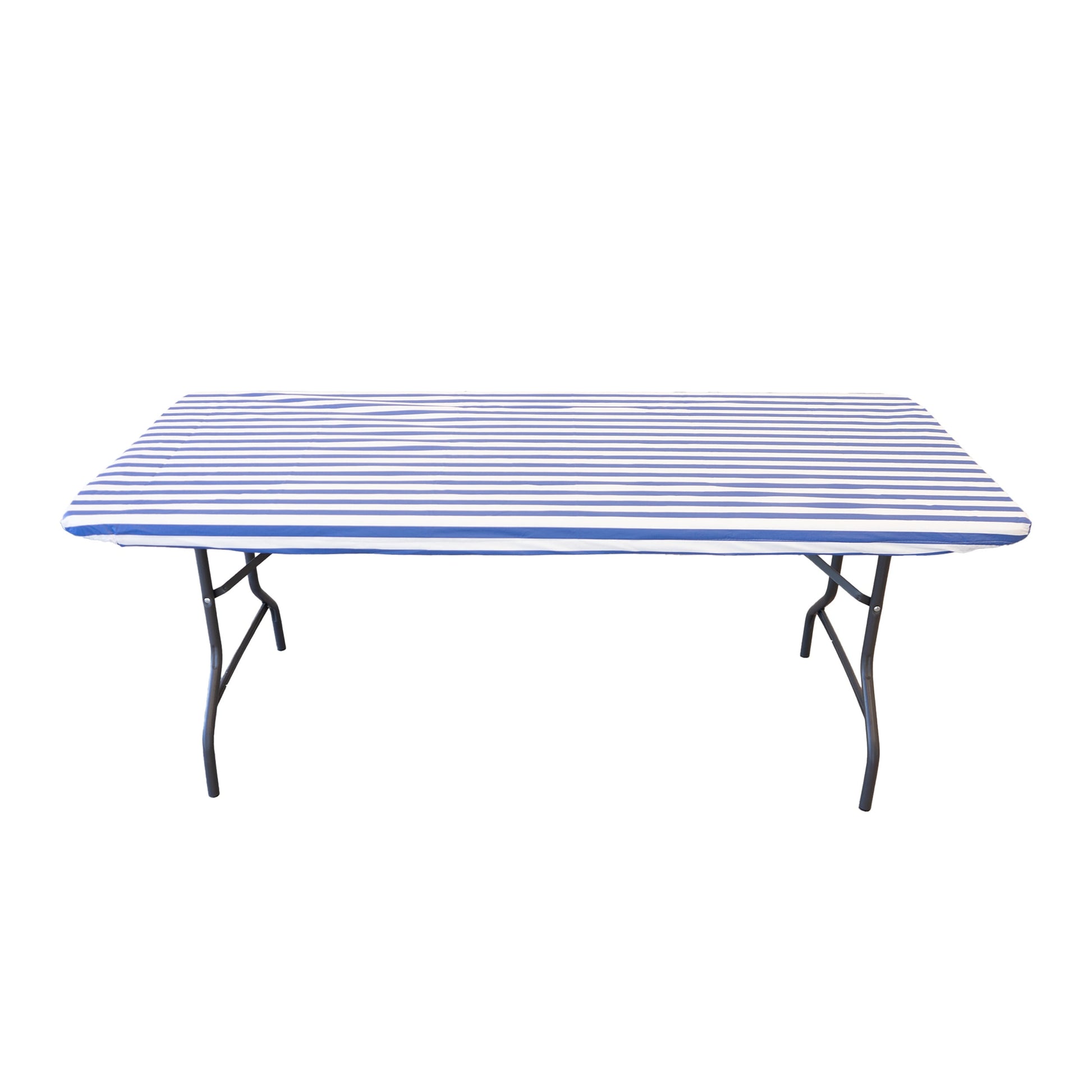 Waverly Inspirations Rectangular Elastic Fitted Table Cover Waterproof Vinyl Tablecloth With Flannel Backing, 6Ft Table, 72" x 30", White/Blue Stripe, 8 PK