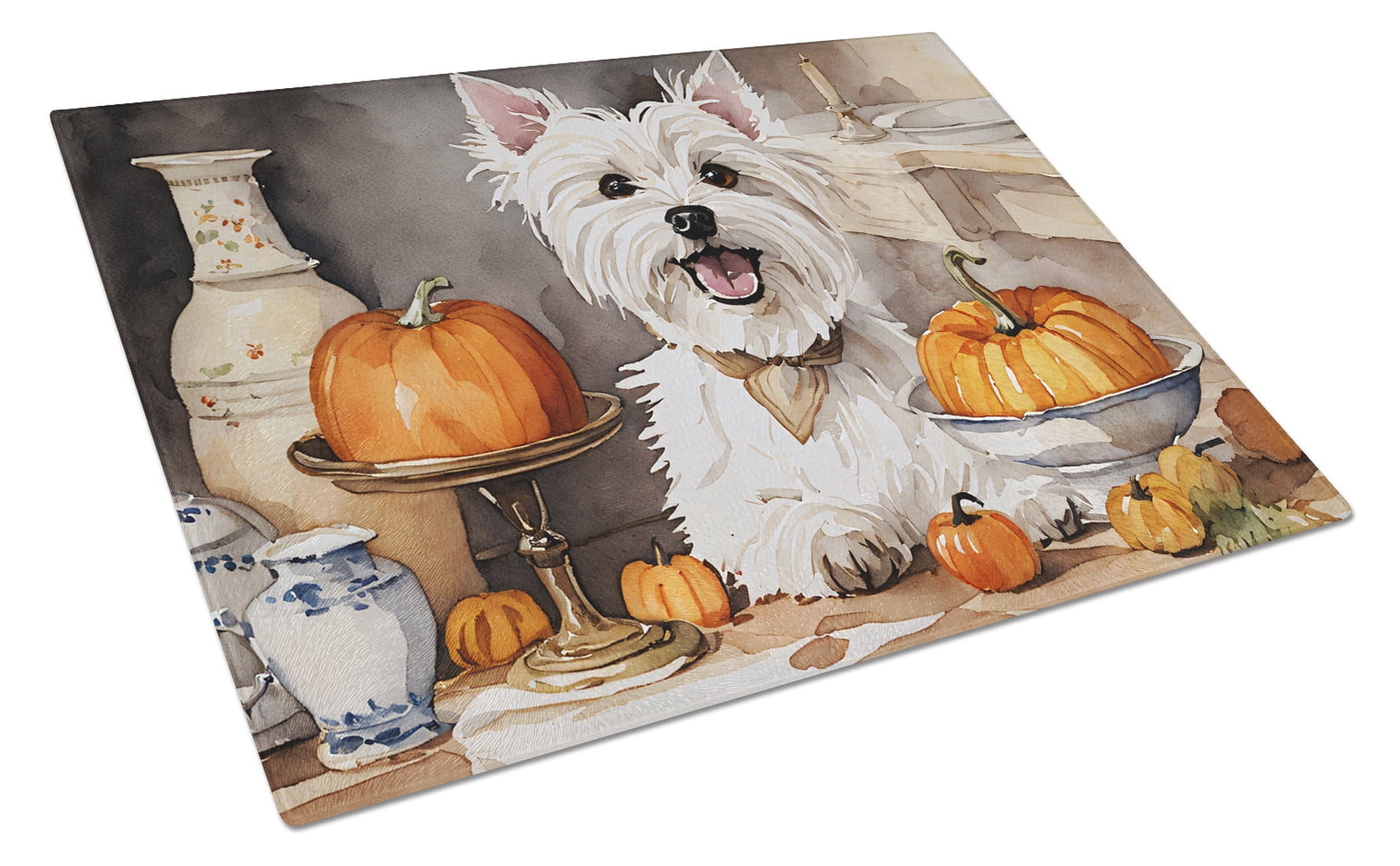 Westie Fall Kitchen Pumpkins Glass Cutting Board Large 12 in x 15 in