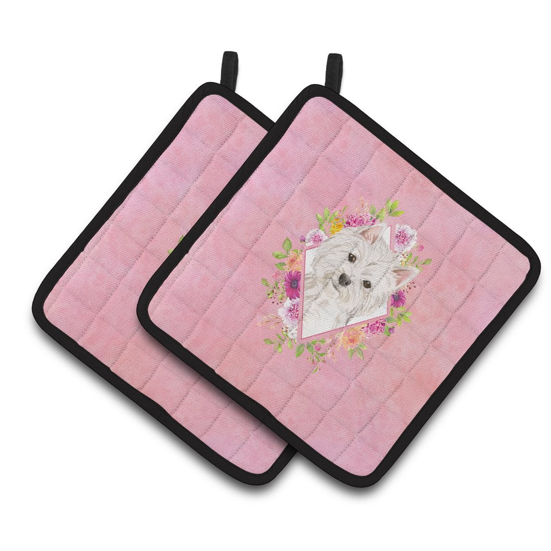 Westie Pink Flowers Pair of Pot Holders