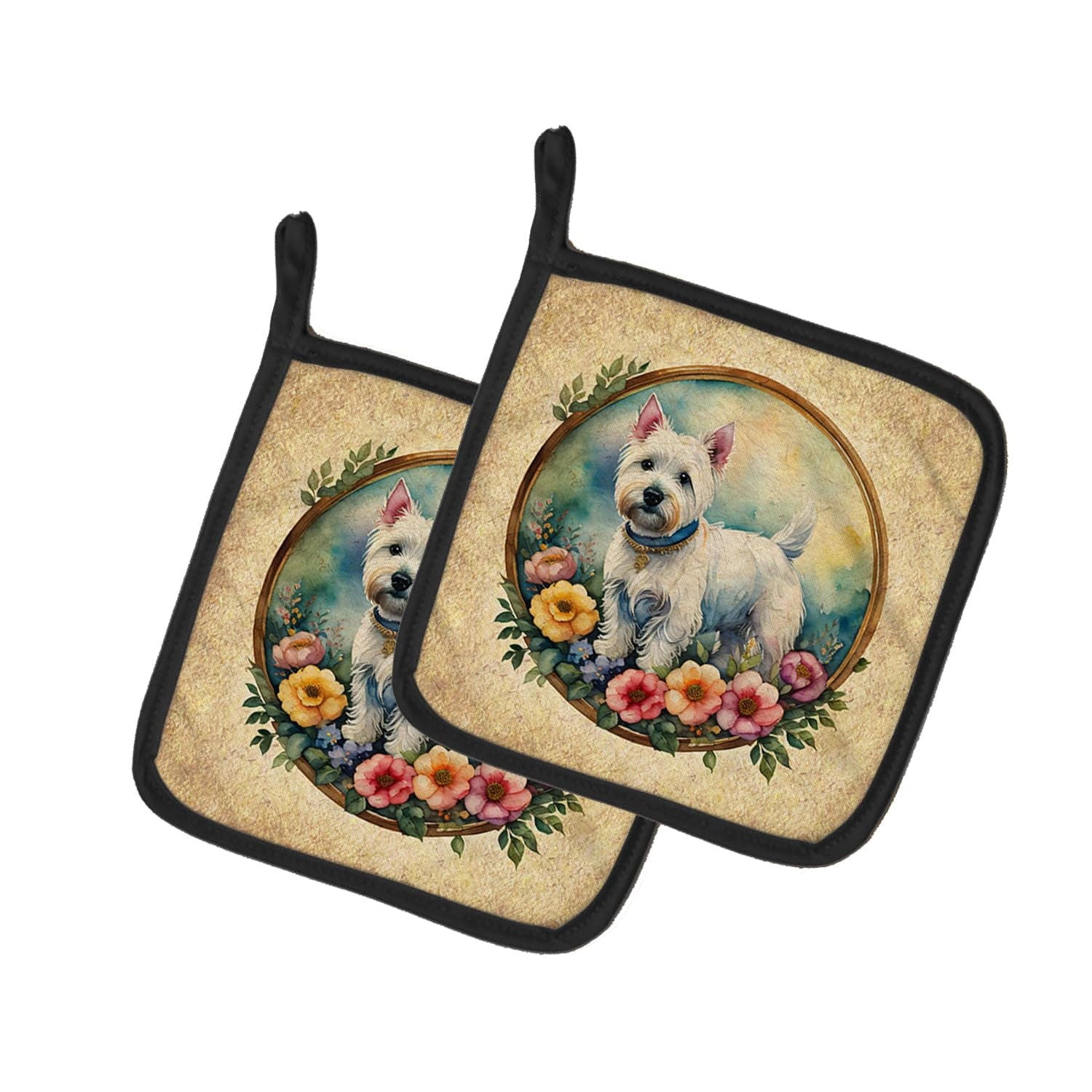 Westie and Flowers Pair of Pot Holders 7.5 in x 7.5 in