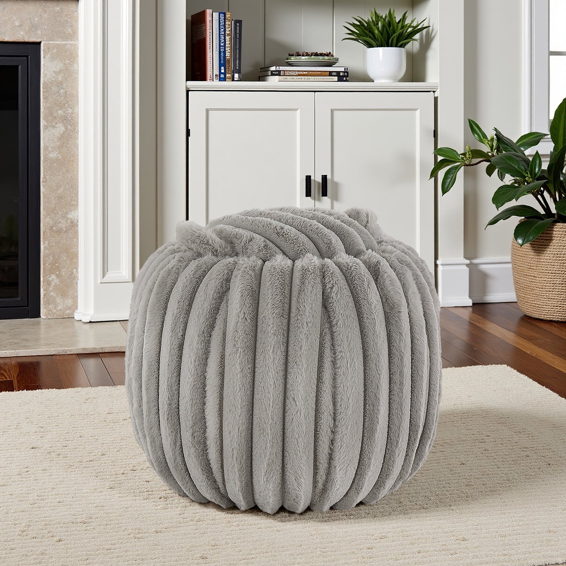 Weston Home Portola Plush Furry Channel Fabric Storage Ottoman, Light Gray
