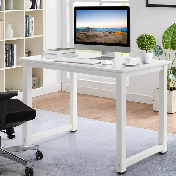 Escritorio de Computadora Blanco de 110 Cm con Estructura de Acero y Patas de Triamina â€“ Escritorio de Estudio de Tablero de PartÃ­culas P2 Resistente para Oficina en Casa, Sala de Estudio, Dormitorio, DiseÃ±o Simple
