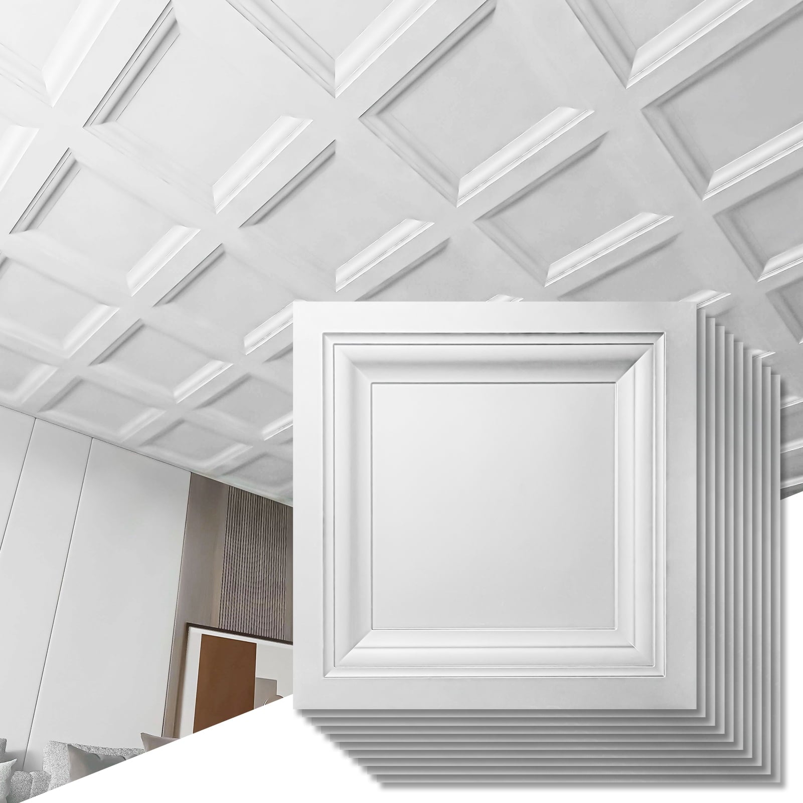 White 2 ft. x 2 ft. Decorative Square Drop Ceiling Tile, Lay-In PVC Ceiling Panels (48 sq.ft./Case)