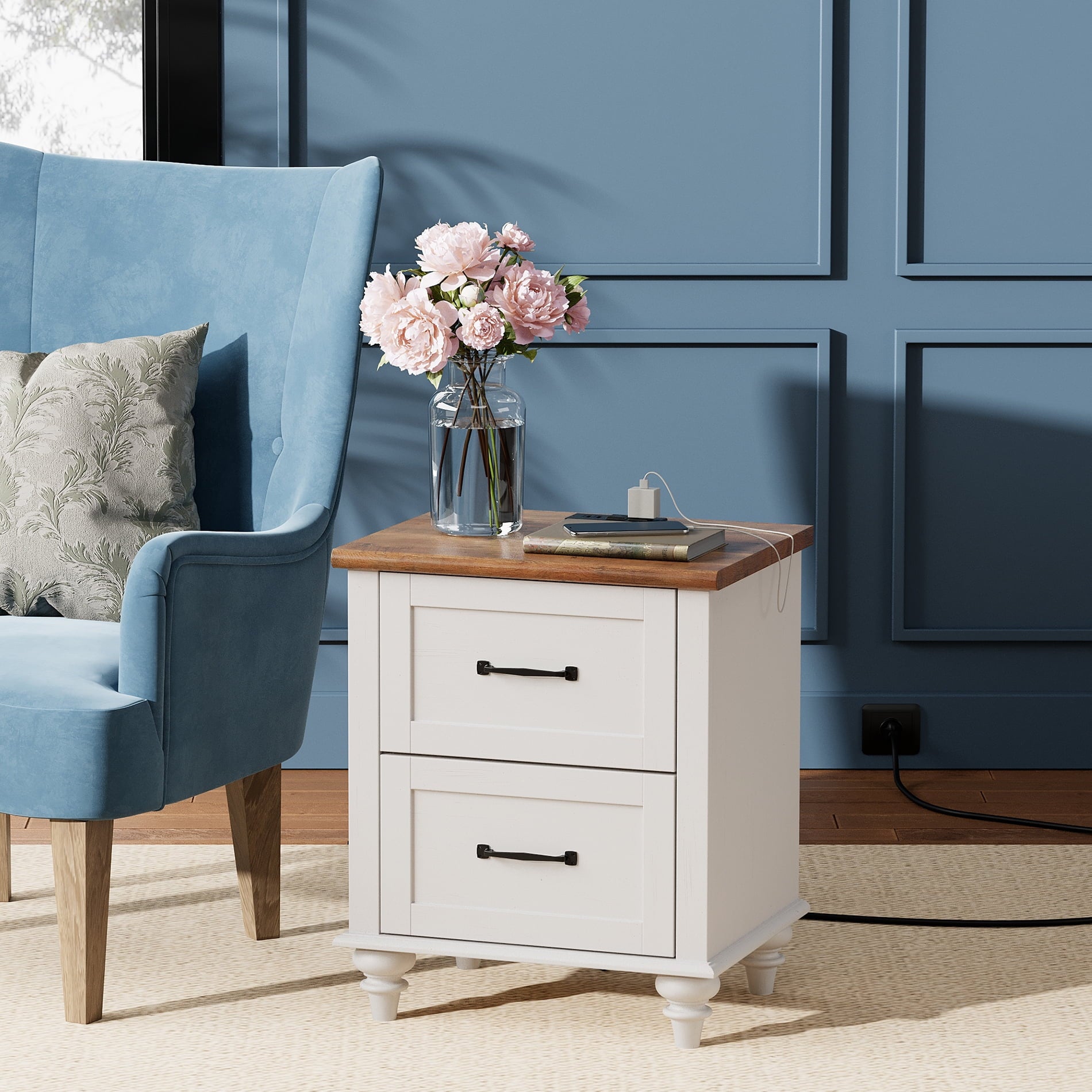 White Night Stand for Living Room Bedroom, Wood End Table for Kids room