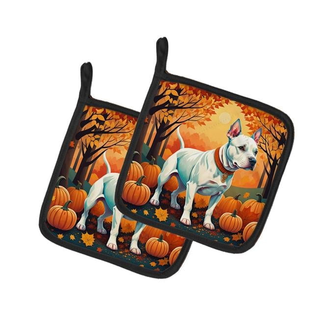 White Pit Bull Terrier Fall Pair of Pot Holders 7.5 in x 7.5 in