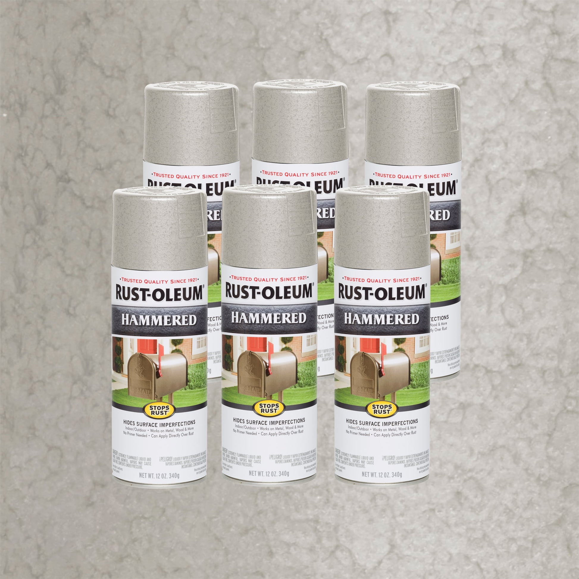 6 Pack, White, Rust-Oleum Stops Rust Hammered Protective Enamel Spray Paint-248072, 12 oz