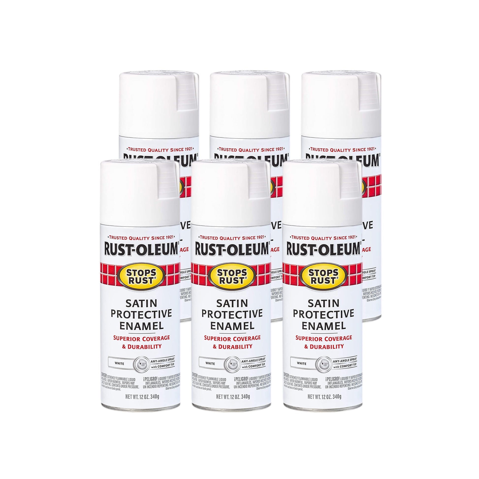 White, Rust-Oleum Stops Rust Satin Protective Enamel Spray Paint, 12 oz, 6 Pack