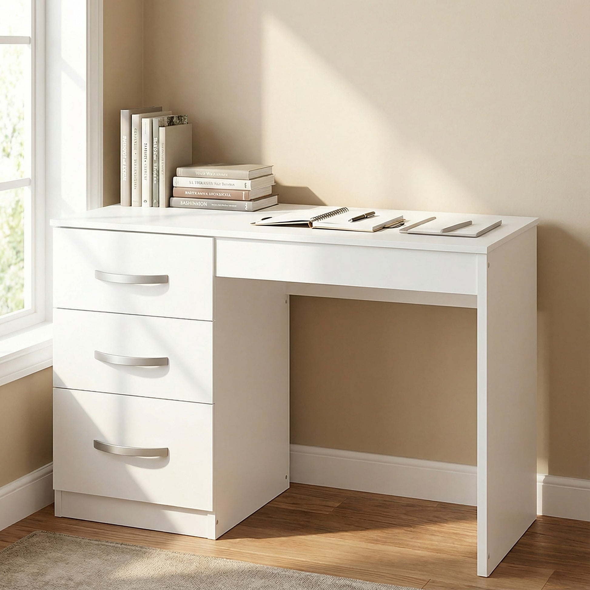 White Writing Desk with 3 Drawers,Wooden Vanity Table,Computer Desk,Home Office Desk Study Desk for Small Spaces,White02