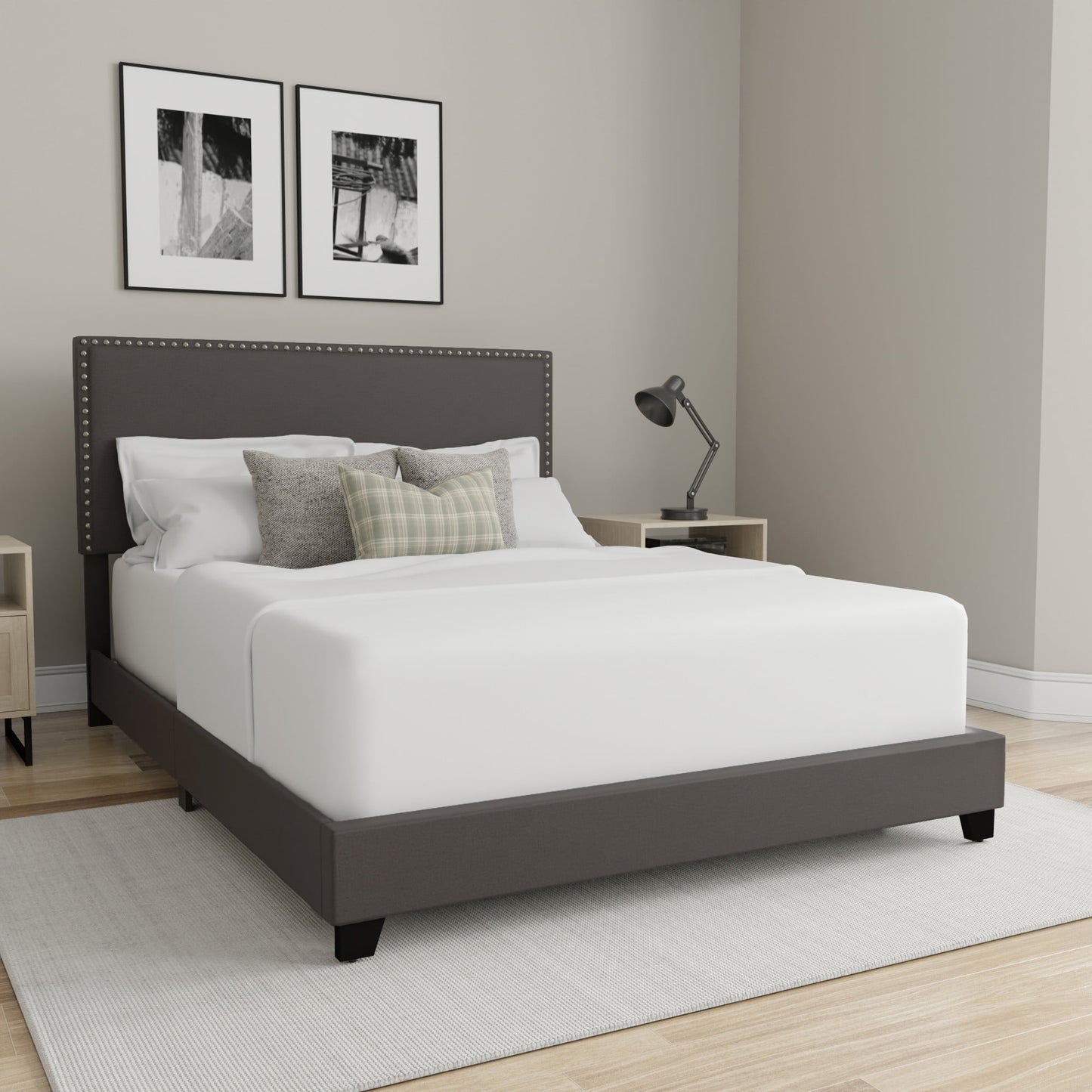 Willow Nailhead Trim Upholstered Queen Bed, Saddle Brown Faux Leather