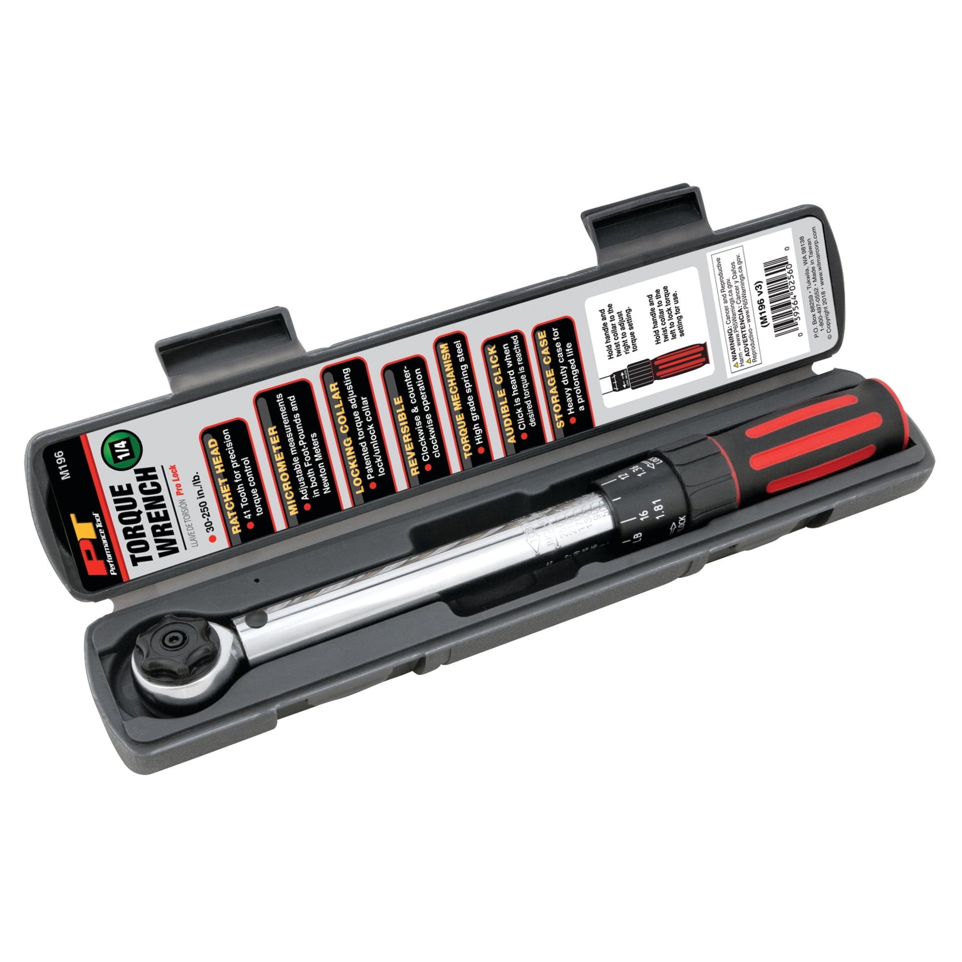 Performance Tool M196 1/4-Inch Drive Torque Wrench 250 inch/lb. - Dual Scale, Audible Click, Precision Ratchet
